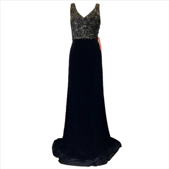 Monique Lhuillier Black Velvet Embellished Formal Gown